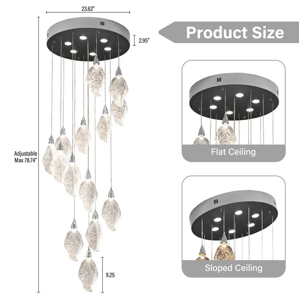 Silver Bionic Leaf 20-Light LED Chandelier for High Ceilings