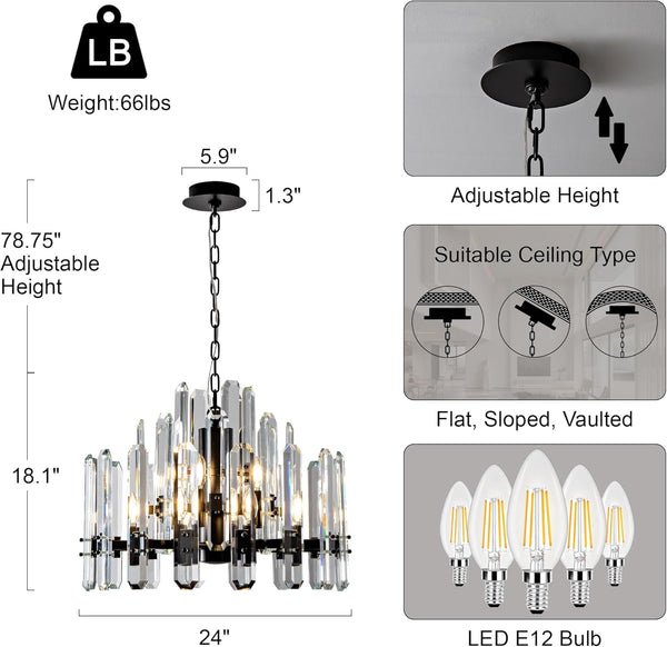 24" Black Modern Crystal Chandelier with Adjustable Height