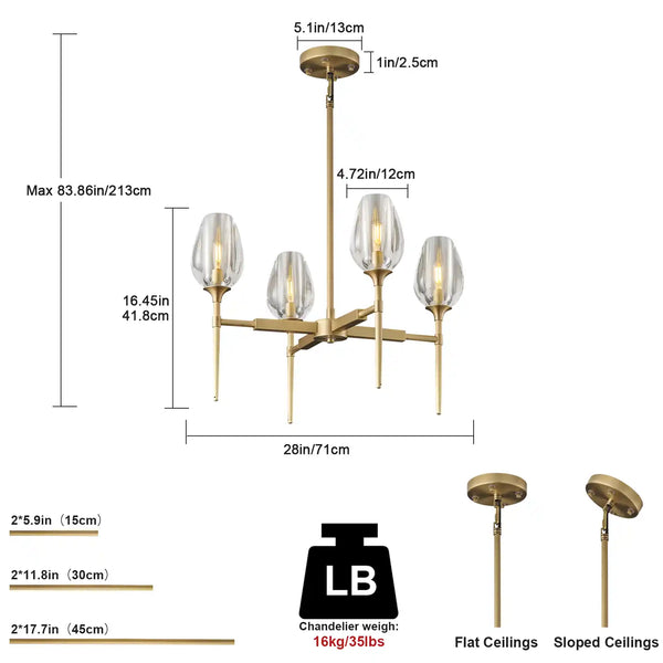 Gold 4-Light Farmhouse Chandelier with Crystal Shades for Dining Room