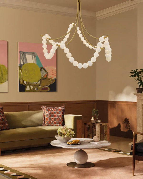 Cluster String Alabaster Beads Semi Flush Chandelier in Brass & Black Metal Rod American chandelier
