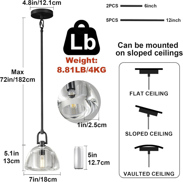 7" Black Glass Modern Pendant Light with Adjustable Height and Included E12 Bulb