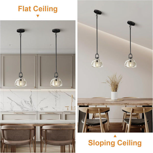 7" Black Glass Modern Pendant Light with Adjustable Height and Included E12 Bulb