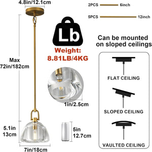 7-inch Glass Brass Pendant Light with Adjustable Height – 2 Pack