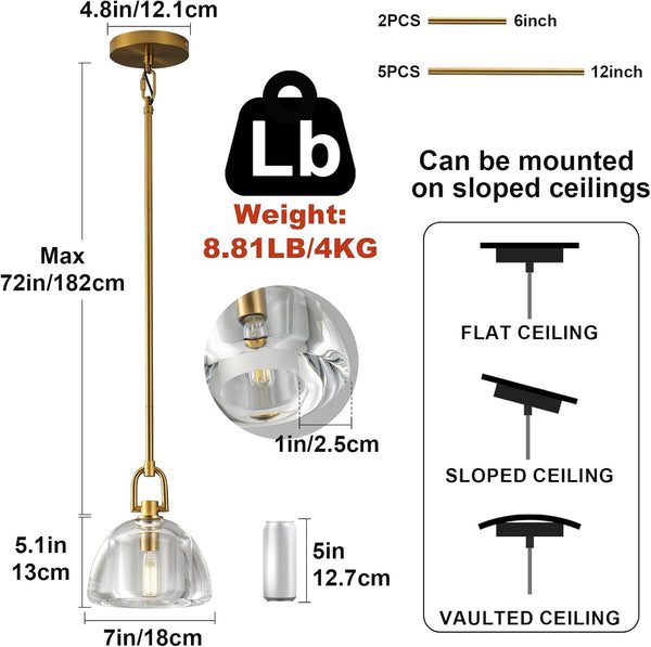 7-inch Glass Brass Pendant Light with Adjustable Height – 2 Pack