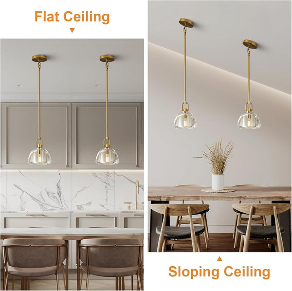 7-inch Glass Brass Pendant Light with Adjustable Height – 2 Pack