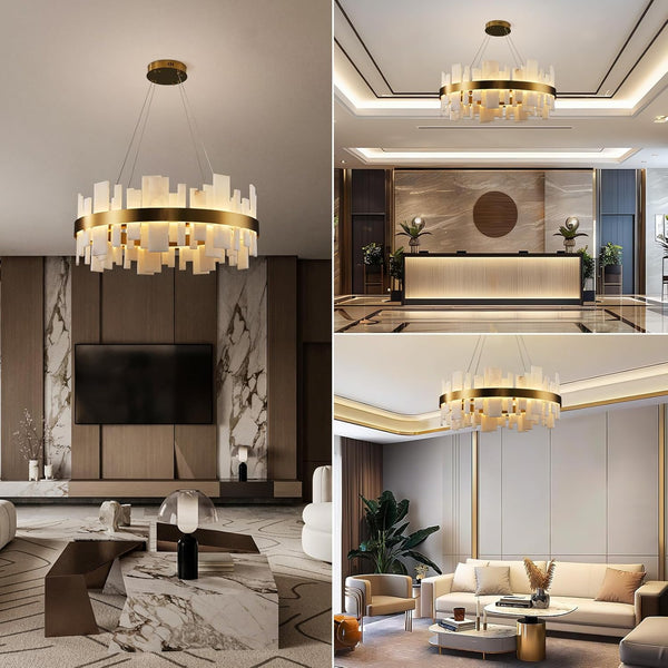 Adjustable Luxury Alabaster Round Chandelier – 31.5in Natural Stone