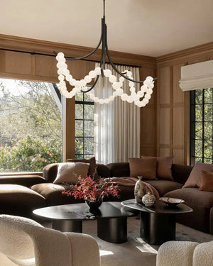 Cluster String Alabaster Beads Semi Flush Chandelier in Brass & Black Metal Rod American chandelier