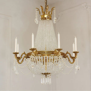 8/12/15 Lights Decorative Empire Brass Candles Crystal Chandelier Romantic Foyer Living Room Ceiling Light Fixture in Pure Copper Finish