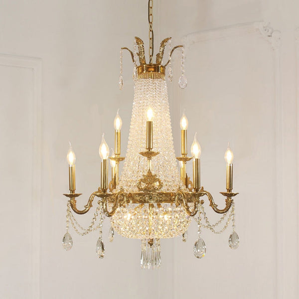 8/12/15 Lights Decorative Empire Brass Candles Crystal Chandelier Romantic Foyer Living Room Ceiling Light Fixture in Pure Copper Finish