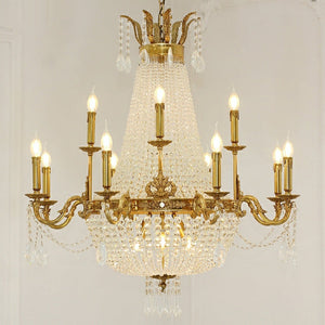 8/12/15 Lights Decorative Empire Brass Candles Crystal Chandelier Romantic Foyer Living Room Ceiling Light Fixture in Pure Copper Finish
