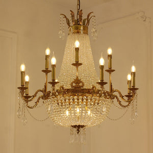 8/12/15 Lights Decorative Empire Brass Candles Crystal Chandelier Romantic Foyer Living Room Ceiling Light Fixture in Pure Copper Finish