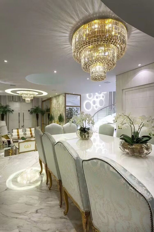 Extra Large Gold Flush Mount Crystal Light Round 3-layers Decorative Living Room/Dining Room Light Fixture