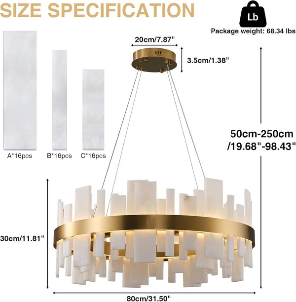 Adjustable Luxury Alabaster Round Chandelier – 31.5in Natural Stone