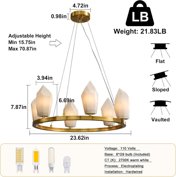 Alabaster 23" 6-Light Modern Gold Chandelier with Adjustable Height