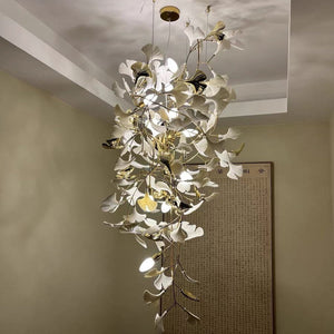 Artistic Tree Branch Pendant Light with Ceramic Ginkgo Leaves for High Ceilings in Hotel or Home-Chandeliers-Arialamps
