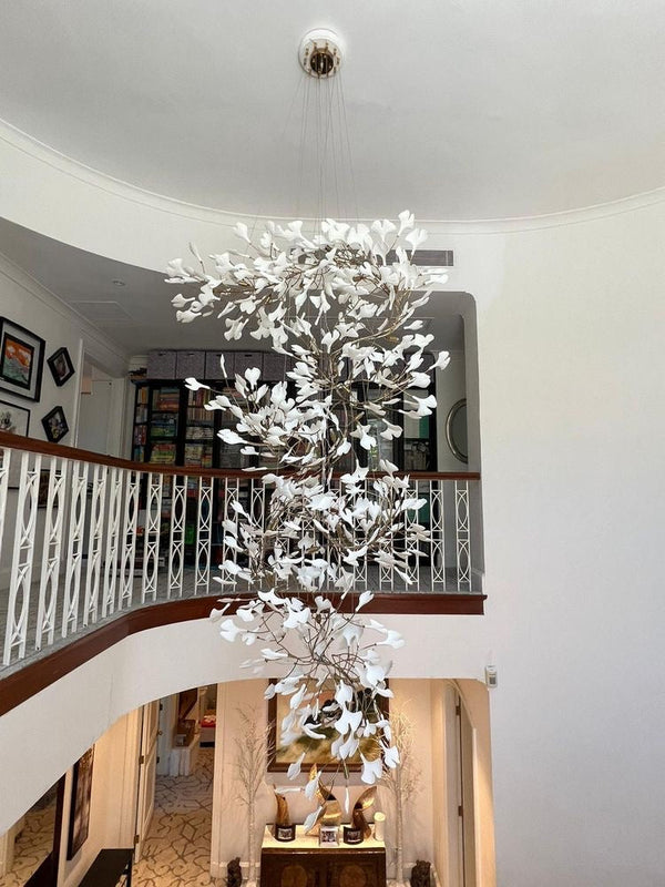 Artistic Tree Branch Pendant Light with Ceramic Ginkgo Leaves for High Ceilings in Hotel or Home-Chandeliers-Arialamps