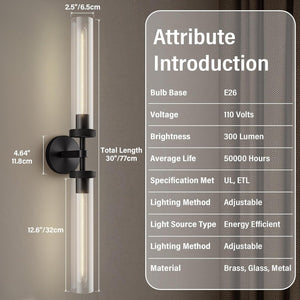 RINGRAIN Black Brass Glass Double Wall Sconce Set 30" Knurled