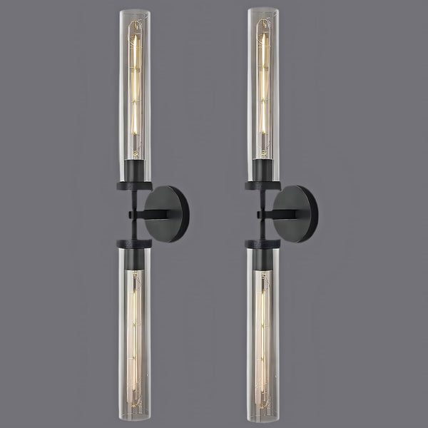 RINGRAIN Black Brass Glass Double Wall Sconce Set 30" Knurled