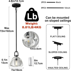 Black Glass 7" Pendant Light – Modern Kitchen Island Lighting, 2‑Piece Set with E12 Bulb