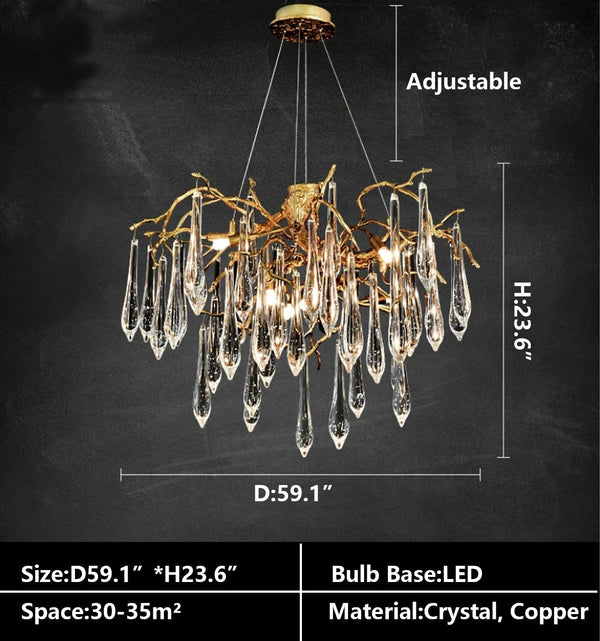 Branch Crystal Drops Chandelier in French Style with Copper Gold Finish for Dining and Living Room Ceiling-Chandeliers-Arialamps