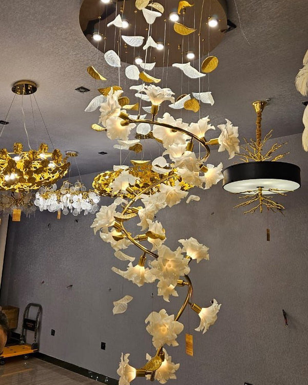 Ceramic Flower Chandelier in Artistic Brass Branch Design-Chandeliers-Arialamps