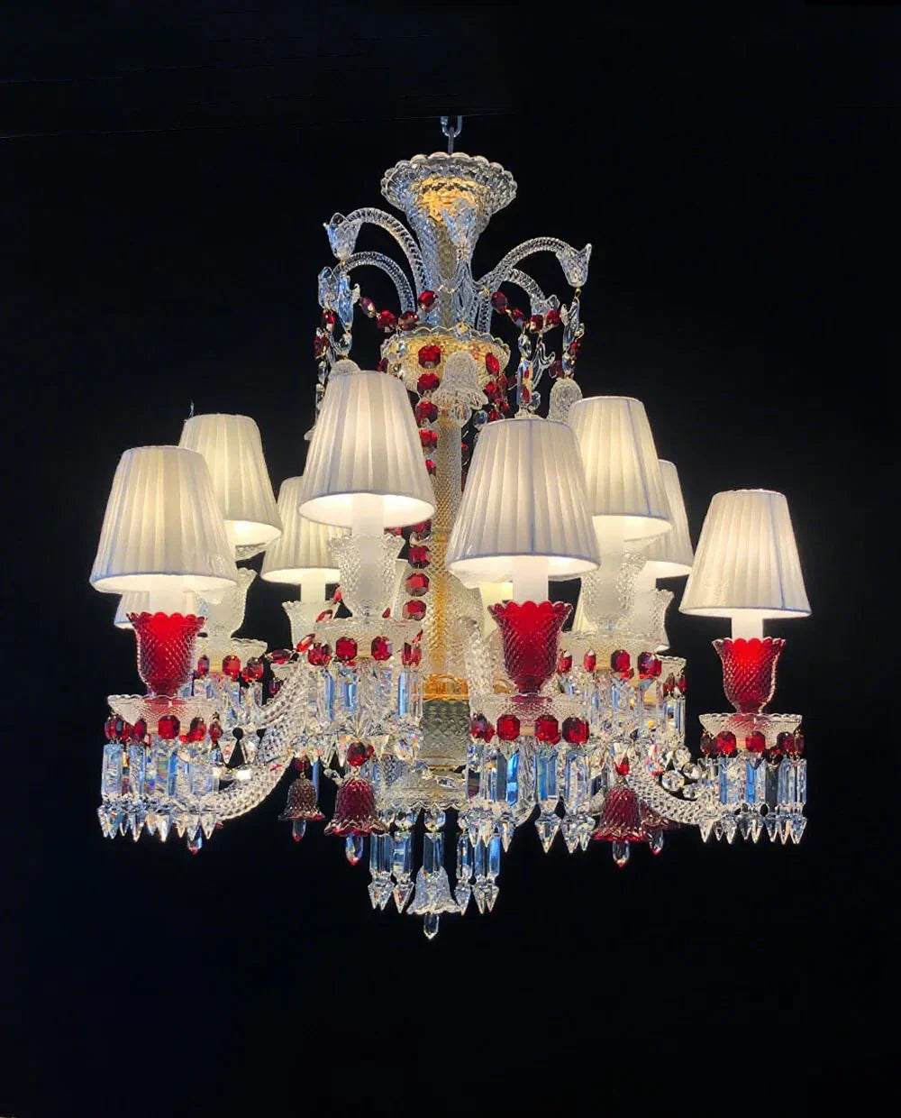 Custom Made Lustre 12 Lights Clear & Red Crystal Chandelier in Gold - Arialamps