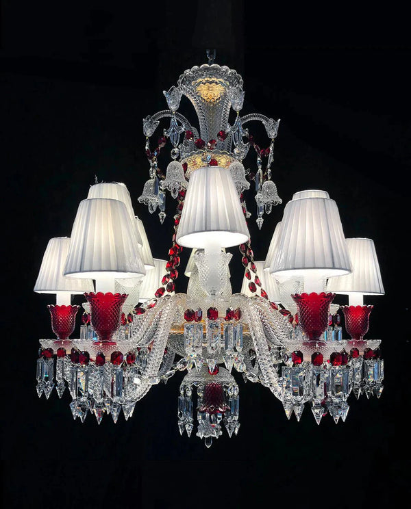 Custom Made Lustre 12 Lights Clear & Red Crystal Chandelier in Gold - Arialamps