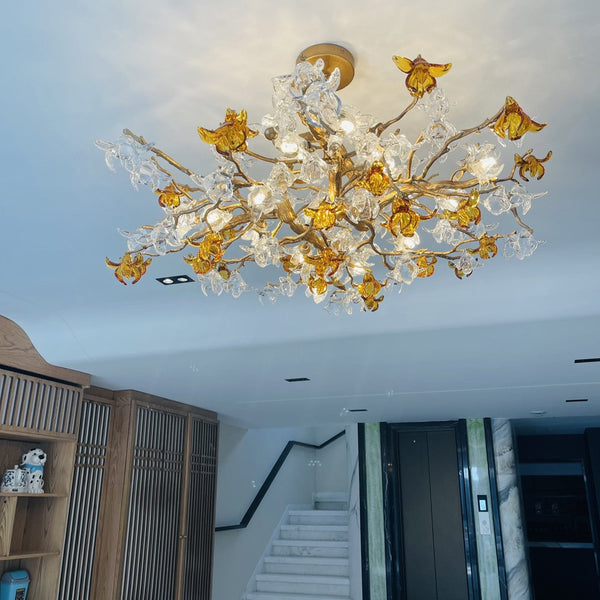 Designer Favorite Brass Branch Chandelier with Artistic Flower Glass for Dining Room Living Room and Kitchen Island-Chandeliers-Arialamps