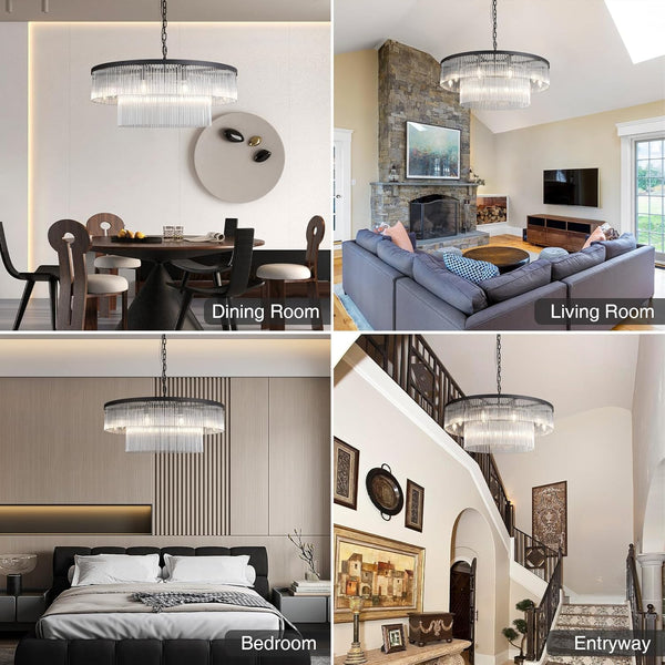 Elegant Black Glass Two-Tier 31.5" 10-Light Modern Chandelier