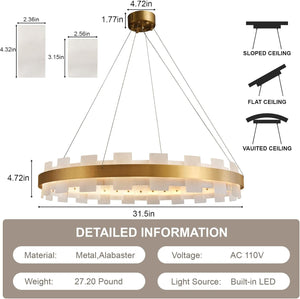 Elegant Spanish Alabaster Round Chandelier 31.5" Diameter with Adjustable Height