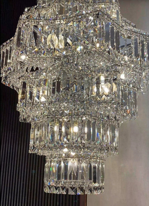 Extra Large Plaza Hall Multi-Tier Crystal Chandelier Foyer Living Room Staircase Ceiling Lighting Fixture In Chrome/ Silver Finish