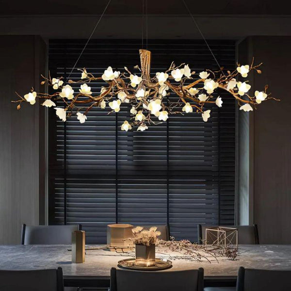 Flower Bloom Branch Brass Chandelier-chandeliers for dining room,chandeliers for stairways,chandeliers for foyer,chandeliers for bedrooms,chandeliers for kitchen,chandeliers for living room-Brass and White-Dia 55.1″(140cm) x H 19.7″(50cm)-Arialamps