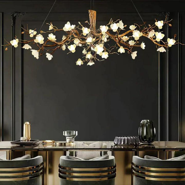 Flower Bloom Branch Brass Chandelier-chandeliers for dining room,chandeliers for stairways,chandeliers for foyer,chandeliers for bedrooms,chandeliers for kitchen,chandeliers for living room-Brass and White-Dia 47.2″(120cm) x H 17.7″(45cm)-Arialamps