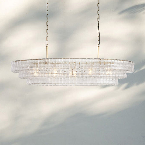 Ghiacio Glass Oval Chandelier 54''65''-Lacquered Burnished Brass-Clear-54"
