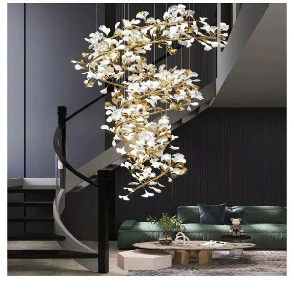 Ginkgo Cascading B (Spiral) Branch Chandelier-chandeliers for dining room,chandeliers for stairways,chandeliers for foyer,chandeliers for bedrooms,chandeliers for kitchen,chandeliers for living room-White + gold accents-H150CM (H59")-Arialamps