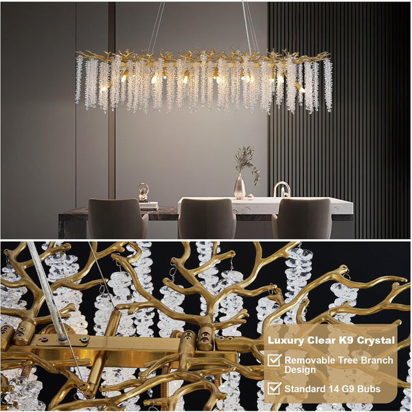 YUYI Gold Tree Branch Crystal Chandelier 47.2" Rectangular