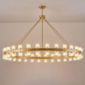 Gold Wagon Wheel Chandelier 60" Crystal Shade, 60 Lights, Farmhouse