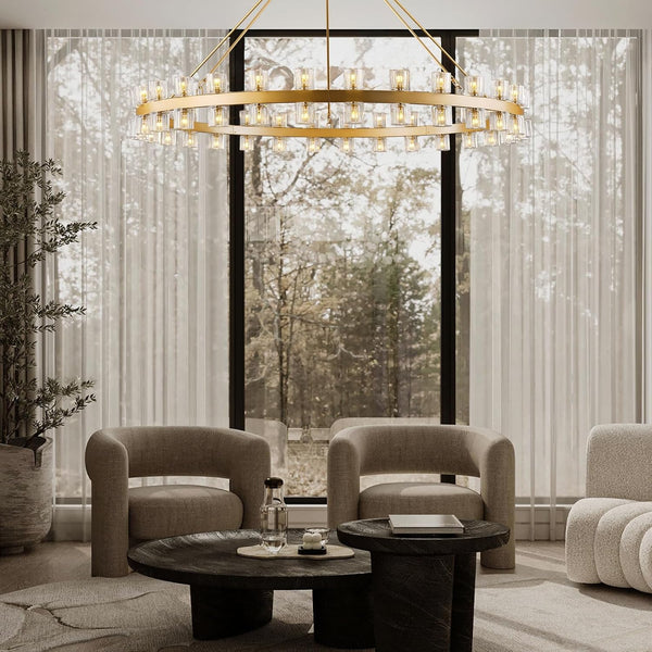 Gold Wagon Wheel Chandelier 60" Crystal Shade, 60 Lights, Farmhouse