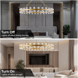 Gold Wagon Wheel Chandelier 60" Crystal Shade, 60 Lights, Farmhouse