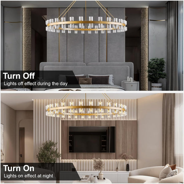 Gold Wagon Wheel Chandelier 60" Crystal Shade, 60 Lights, Farmhouse