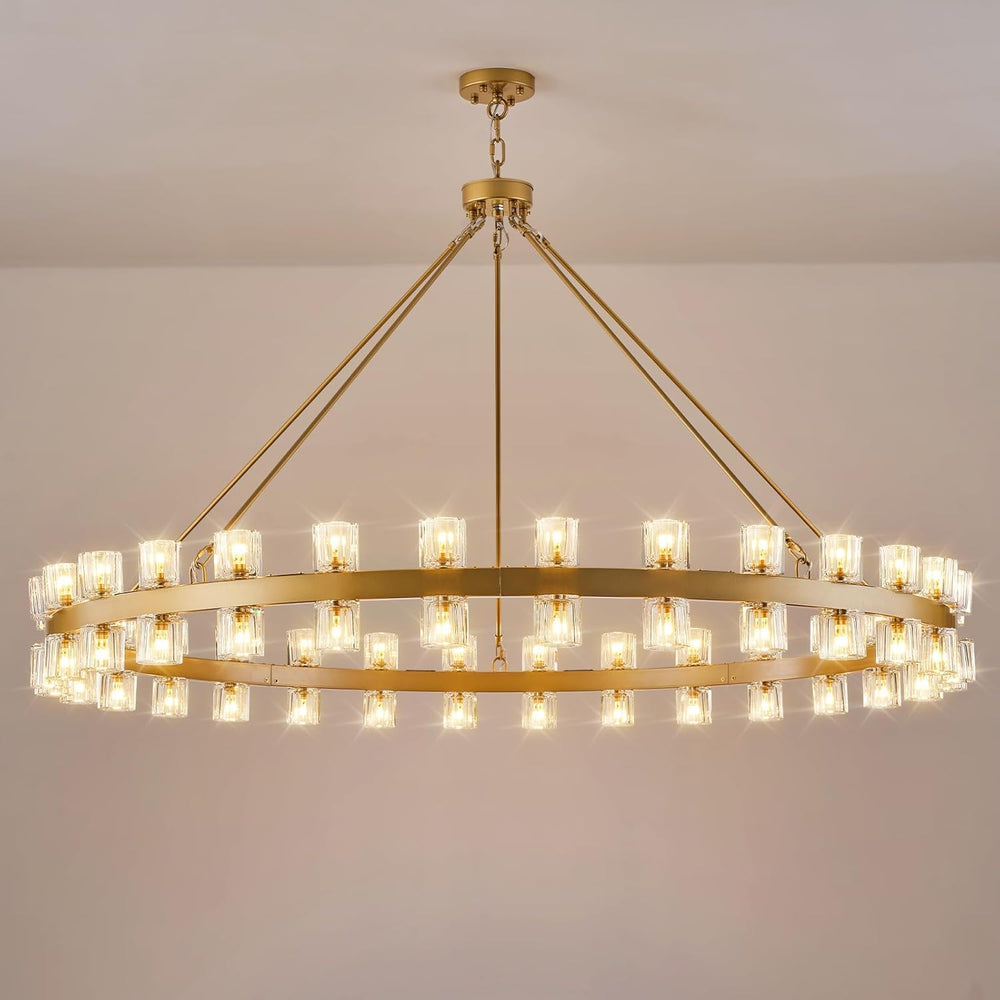 Gold Wagon Wheel Chandelier 60" Crystal Shade, 60 Lights, Farmhouse