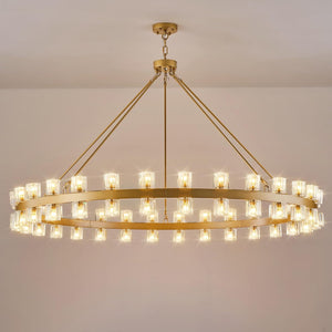 Gold Wagon Wheel Chandelier 60" Crystal Shade, 60 Lights, Farmhouse