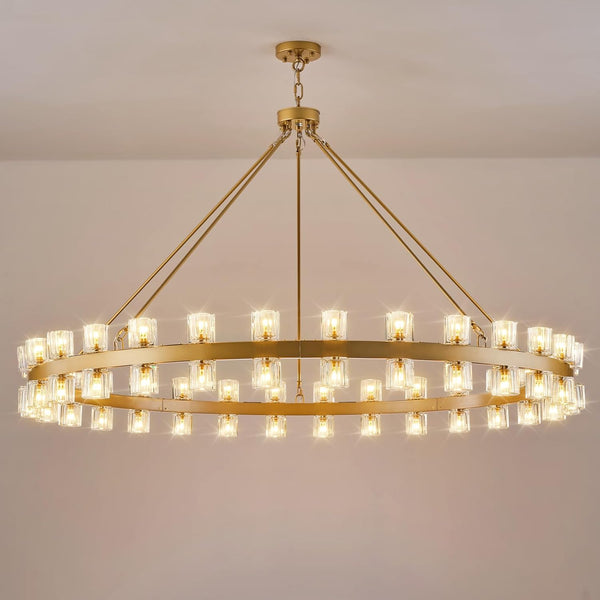 Gold Wagon Wheel Chandelier 60" Crystal Shade, 60 Lights, Farmhouse