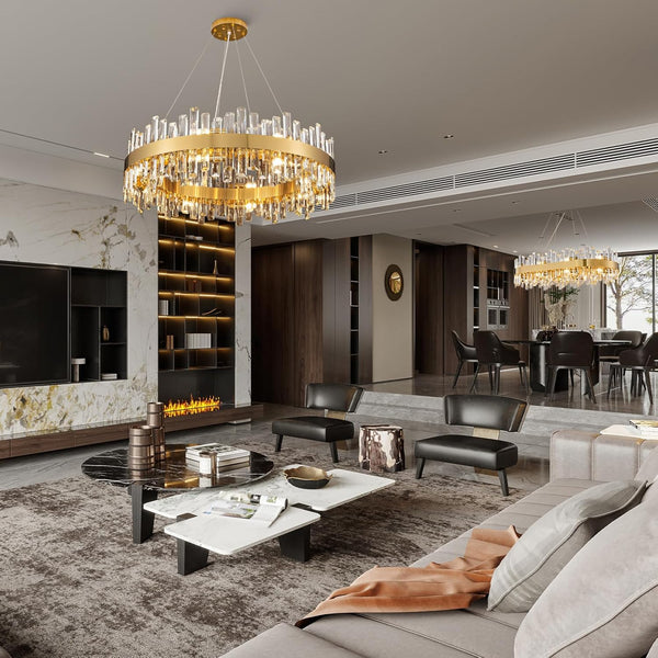Luxurious 16-Light Brass Gold Crystal Chandelier – Modern Round 2‑Tier Design