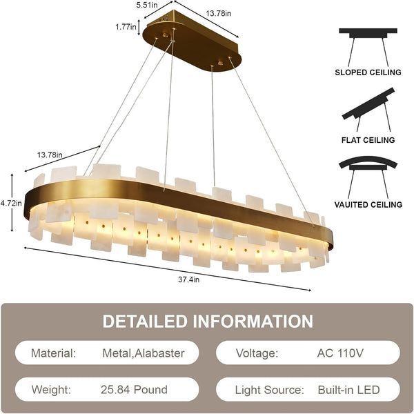 Luxury Adjustable Rectangle Alabaster Chandelier 37.4" Modern Ceiling Light