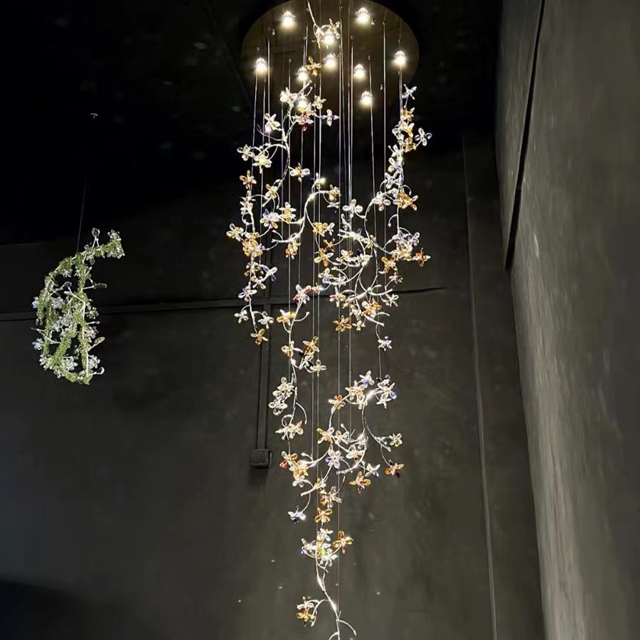 Luxury Branch Flower Crystal Chandelier for High Ceiling Staircase Foyer and Hallway Decor-Chandeliers-Arialamps