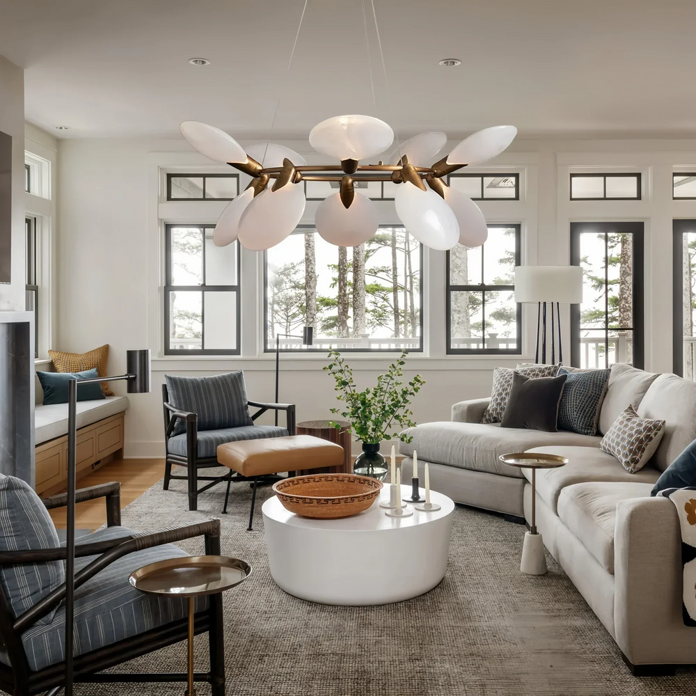 Dining room illuminated by Lyla Halo Chandelier with elegant circular design