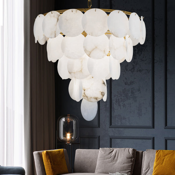 Merlin Aurora Round Chandelier Alabaster for Living Room Dining Table