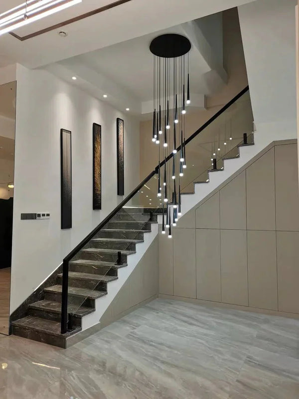 Minimalism Foyer Staircase Chandelier Ceiling Pendant Lighting Fixture For Living Room Entryway In Gold/ Black Finish - Arialamps