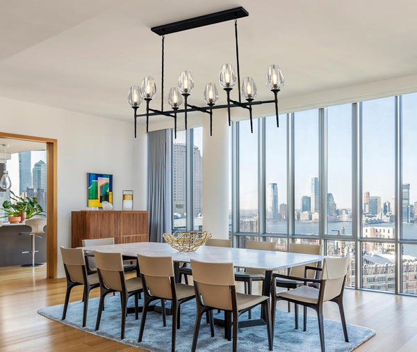 Modern Black 8-Light 52in Rectangle Crystal Pendant Chandelier for Dining